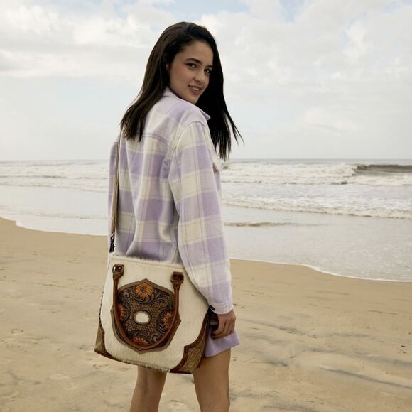 Myra Bag Handmade Burnished Hand Tooled Bag Upcycled Canvas & Cowhide Leather - Picture 1 of 8